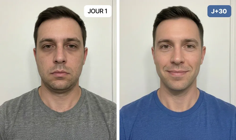 Nuclever Cortisol Manager Vorher Nachher Mann — entstautes Gesicht nach 30 Tagen